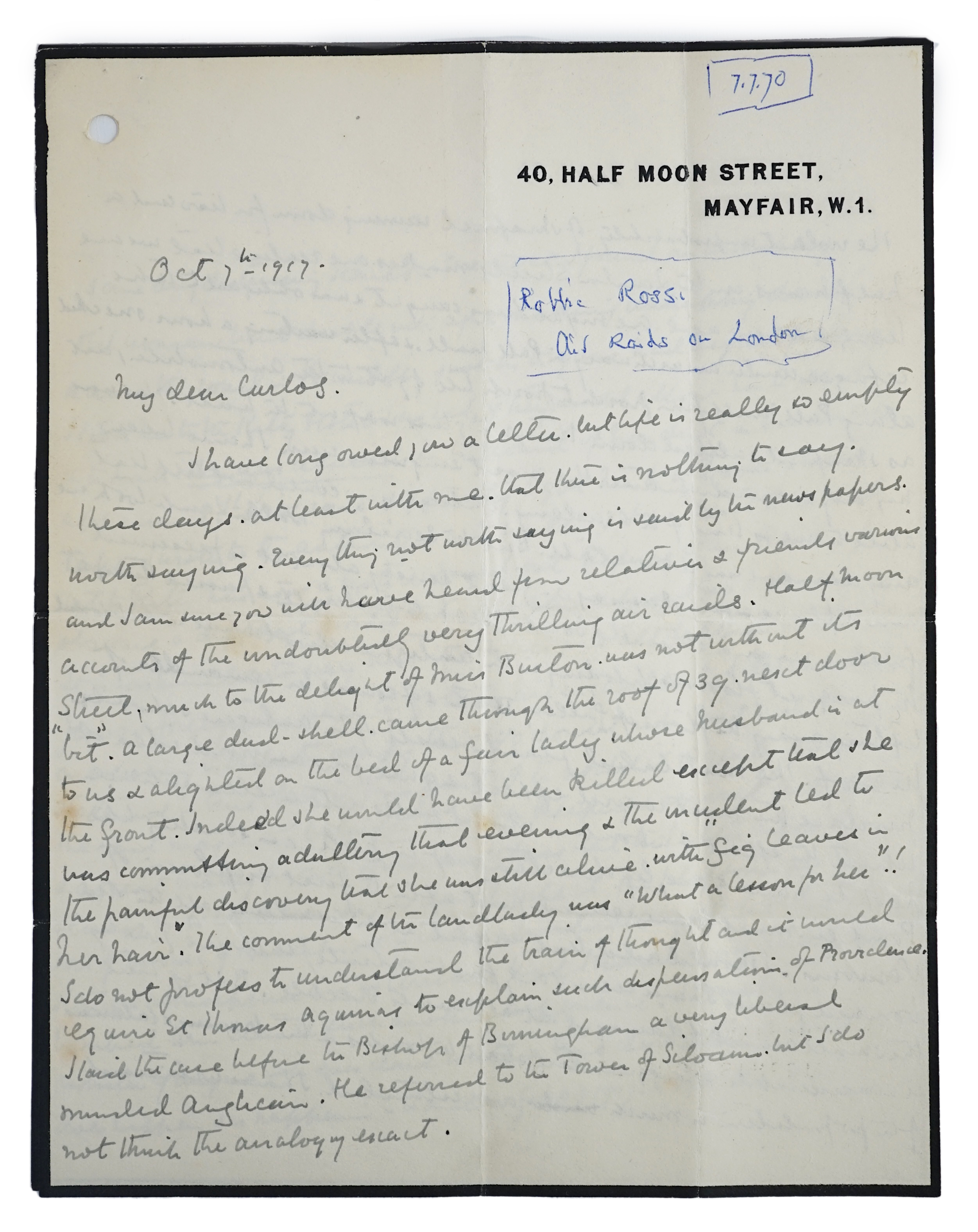 Robbie Ross (1869-1918), ALS to ‘Carlos’, 7 October 1917, 4 pp. Robbie Ross is best known for his relationship with and championing of Oscar Wilde